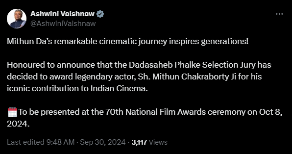 Mithun Chakraborty received the biggest award of Indian cinema, announced by Union Minister Ashwini Vaishnav himself.